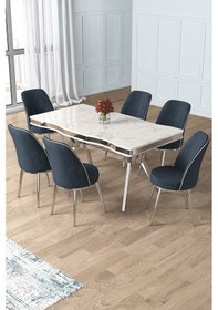 Resim Canisa Prah Serisi 90x160 Lak Panel Beyaz Mermer Desen Krom Ayak Masa Takımı 6 Antrasit Sandalye Beyaz Mermer Desen Masa Sandalyeler Antrasit 