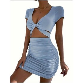 Resim Pink Life Bebe Mavi V Yaka Hollow Out Wrap Hip Kısa Kollu Mini Elbise-bebe Mavi Bebek Mavisi 