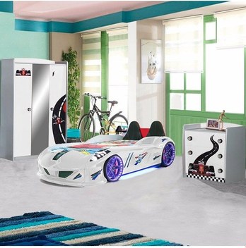 Setaymobilya Sports Çocuk Odası - Vento Arabalı Yatak Dolap Şifonyer - Beyaz