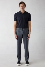 Resim Koyu Füme Regular Straight Fit Beli İpli Pileli Yan Cepli Likralı Kanvas / Chino Pantolon - Straight Regular Fit / Koyu Füme / 34 