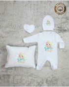 Resim yzc home size dair... K120 Ty Isme Özel Isimli Baskılı Bebek Yastık Tulum Şapka Eldiven Set Hastane Çıkışı 