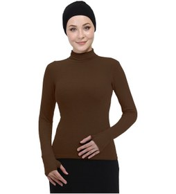 Resim Manolyaşal İslamic Hijab Hafif Balıkçı Yakalı Parmak Geçmeli Likralı Organik Kadın Body Açık Çikolata 