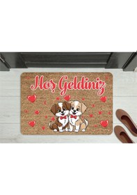 Resim Hoş Geldiniz Yazılı Köpek Figürlü Kapı Önü Paspası Dekoratif Kaymaz Taban Gümüş 