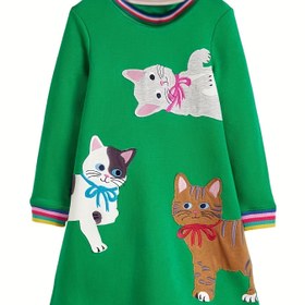 Resim Kızlar İçin Uzun Kollu Aplike Elbise Şükran Günü Yeşil Rastgele Karikatür Kedi Günlük Temel Stil 