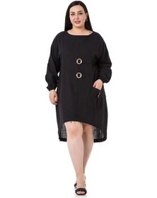 Resim Disentis Büyük Beden Toka Detaylı Kol Ağzı Lastikli Arkası Uzun Keten Tunik Elbise-Siyah 