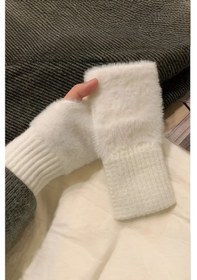 Resim Kadın 1 Çift Kışlık Parmaksız Termal Esnek Polarlı Peluş Eldiven Beyaz 