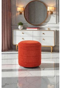 Resim Lüks Cnc Çizgili Yuvarlak Puf Makyaj Masası Pufu Dekoratif Ayak Uzatma Turuncu Model Turuncu 