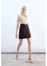 Resim Sateen Bel Aksesuarlı Mini Etek - Kahve-136788 Kahve 