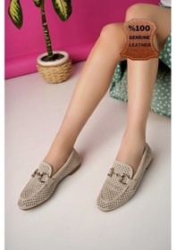 Resim Muggo Phuket Garantili Metal Tokalı Lazerli Nefes Alabilen Deri Kadın Loafer Günlük Ayakkabı Bej 