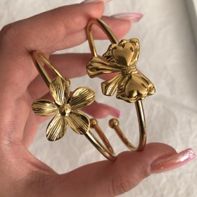 Resim Kadınlar için 2 adet Altın Tonlu Çinko Alaşımlı Vintage Minimalist Yay ve Çiçek Bileklik Seti - Tarihli Gece, Tatil veya Günlük Stil için İdeal, Aksesuar Seti|Vintage Tarz|Dayanıklı Bileklikler 