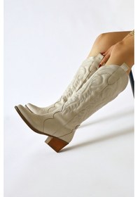 Resim Limoya Florida Bej Nakış Detaylı Sivri Burunlu Western Çizme 001 