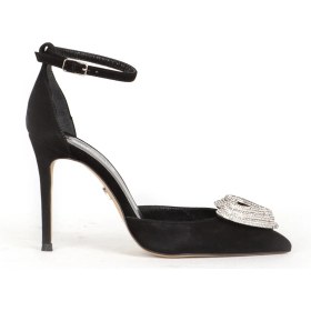 Resim Dericlub Kadın Taşlı Bilek Bağlama Sivri Burun Stiletto Süet Gerçek Deri Sy 27495 Siyah 