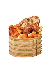 Resim Gold Paslanmaz Yuvarlak Ekmek Sepeti Jüt Kumaş, Lüks Sunum Sepeti - Çok Amaçlı Metal Altın 