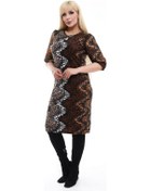 Resim Kadın Kahve Ton Taş Desen Damla Yaka Balon Kol Büyük Beden Esnek Süet Elbise Kahverengi 