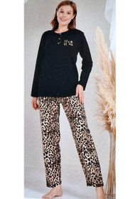 Resim Miss Melina Büyük BedenPamuk Uzun Kol Kadın Pijama Takımı Leopar Siyah 