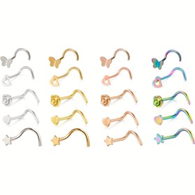 Resim 5 Adet Moda ve Kişiselleştirilmiş Paslanmaz Çelik Burun Çivisi, Seçilebilecek Çoklu Renkler, Aşk, Yıldızlar, Güller, Kelebekler, Kavisli Kanca, Günlük Kullanım İçin Rahat, Düşük Alerji 