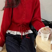 Resim Kadınların Kırmızı Dantel Detaylı Hırka - Günlük Uzun Kollu Kırpma Üst, Bağcıklı Bel, Bahar/Sonbahar için Yumuşak ve Şık, Bahar Modası | Dantel Detay | İnşaat, Dantel Hırka 