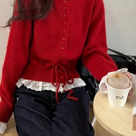 Resim Kadınların Kırmızı Dantel Detaylı Hırka - Günlük Uzun Kollu Kırpma Üst, Bağcıklı Bel, Bahar/Sonbahar için Yumuşak ve Şık, Bahar Modası | Dantel Detay | İnşaat, Dantel Hırka 