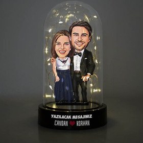 Resim Nişanlı Çiftler Karikatürlü Işıklı Fanus Biblo 