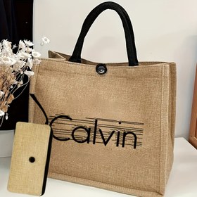 Resim 2 Adet Şık ve Zarif CALVIN Desenli Keten Tote Çantalar Seti - Geniş ve Dayanıklı, Uygunluklu Makyaj Çantası Dahil, İşe, Plaja, Seyahat veya Günlük Kullanıma Uygun 