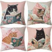 Resim 4 adet, Kısa Peluş Siyah Kedi Okuma Atma Yastık Kılıfları, Kedi Severler Dekoratif Minder Kılıfları, 18 inç x 18 inç, Ev için Çiftlik Evi Süslemeleri, Kanepe Koltuk Oturma Odası Dış Mekan için, Yastık İçi Olmadan 