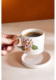Resim Rivaistanbul Pembe Çiçekli Amore El Yapımı Seramik Double Kahve Fincanı Mug Kupa Krem 