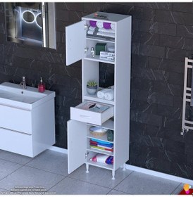 Resim Modilayn Arda Banyo Dolabı 50x173x32,5cm 1 Çekmece 2 Kapak Ve 7 Raflı İhtiyaca Uygun Kolay Kurulum Beyaz 