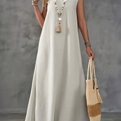Resim Kadınlar İçin Şık V Yaka Kolsuz Maksi Elbise - A Kesim Hafif Polyester Düz Renk Makinede Yıkanabilir İlkbahar Yaz Günlük ve Resmi Giyim, Rahat Stil, Akıcı Kumaş, Gündüz Kullanımı, Nefes Alabilen Malzeme, Yetişkin Giysi 