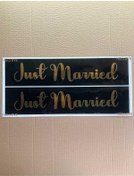 Resim Gelin Arabası Plakalık Just Married Yazılı Siyah Üzeri Gold Yazı Kendinden Yapışkanlı 