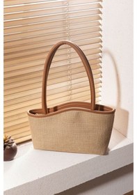 Resim Lovelystore Kadın Hasır El Omuz Çantası Yazlık Çanta Plaj Çantası Fermuarlı Astarlı 24x38 Krem 
