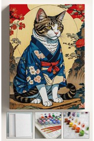 Resim Akihabara Sayılarla Boyama Hobi Seti Çerçeveli Numaralı Tuval Fırça Boya Dahil Kasnaklı JAPON KEDİ 40x50 Cm 