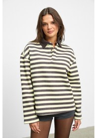 Resim Grimelange Muse Kadın Çizgili Triko Polo Yakalı Regular Fit Sarı Sweatshirt Sarı 