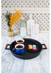 Resim 51 CM Kırmızı 37 CM Siyah 2 Li Metal Yuvarlak Tepsi Sunum Tep . 