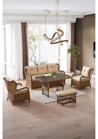 Resim Paris Rattan Puflu Bahçe Balkon Takımı 3+1+1 Cam Masalı Kahve Kahverengi 
