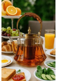 Resim Ahşap Saplı Isıya Dayanıklı Borosilikat Amber Cam Demlik 1200 Ml Süzgeçli Cam Demlik Amber 