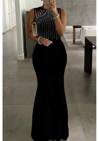 Resim Kadın Omuz Çoklu Askılı Önü Taş Işlemeli Balık Kesim Janjan Krep Maxi Boy Elbise Siyah 