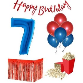 Resim 7 Yaş Kırmızı-mavi Balon Rakam Folyo Banner Mısır Kutusu Masa Et 
