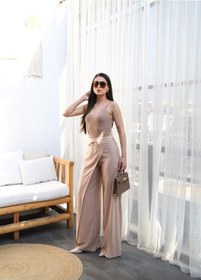 Resim Keten Önü Çapraz Parçali Lasti Kli Ve Bağcikli Geni Ş Paça Pantolon Pudra 