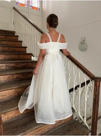 Resim BUTİKHAPPYKİDS Kız Çocuk Uzun Beyaz Askılı Şifon Abiye Elbise 10-15 Yaş 