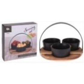 Resim Tantitoni -metal Tutamaçlı Yuvarlak Akasya Ağacı Standlı 4lü Siyah Stoneware Kase Tki 22cm 