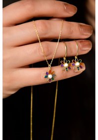 Resim Papatya Silver 925 Ayar Gümüş Gold Kaplama Özel Tasarım Opal Taşlı Renklii Papatya Kolye Ve Küpe Set 