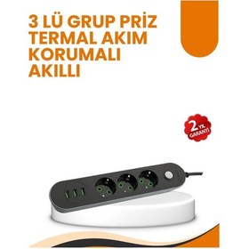Resim 2 Metre Kablolu 3 Usb Portlu Anahtarlı Üçlü Priz 