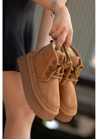 Resim Mini Kürk Astarlı Kalın Taban Bağcıklı Rahat Kadın Bot Taba 