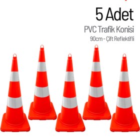 Resim İleri Trafik 5 Adet PVC Trafik Konisi 90 cm Çift Reflektifli Trafik Dubası Seti 