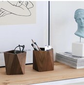 Resim Ganzhoushop Siyah Ceviz Ahşap Kalem Kutusu, Çok Amaçlı Masa Yazı Kırtasiye Düzenleyici Ahşap Kalemlik Bardaklar Ofis Okul Malzemeleri Depolama Prizmatik Şekil 