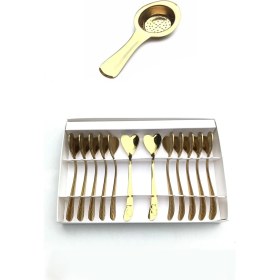 Resim Gold Paslanmaz Çelik Kalpli Çay Kaşığı ve Gold Çay Süzgeci Seti 