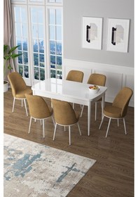 Resim Canisa Concept Zen Serisi 80x132 Mdf Açılabilir Beyaz Mutfak Masası Takımı Ve 6 Cappucino Sandalye Beyaz&cappucino Takım 