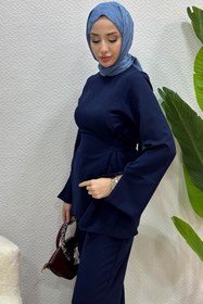 Resim Tesettür Diyarı Kadın Meva Model Krep Bağlamalı Pantolon Tesettür Takım 