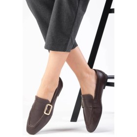 Resim Mio Gusto Martina Hakiki Deri Kahverengi Küt Burunlu Kadın Loafer Ayakkabı 