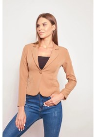 Resim Yakalı Flato Cepli Uzun Kol Pamuklu Kumaş Kısa Blazer Ofis Ceket-camel CAMEL 